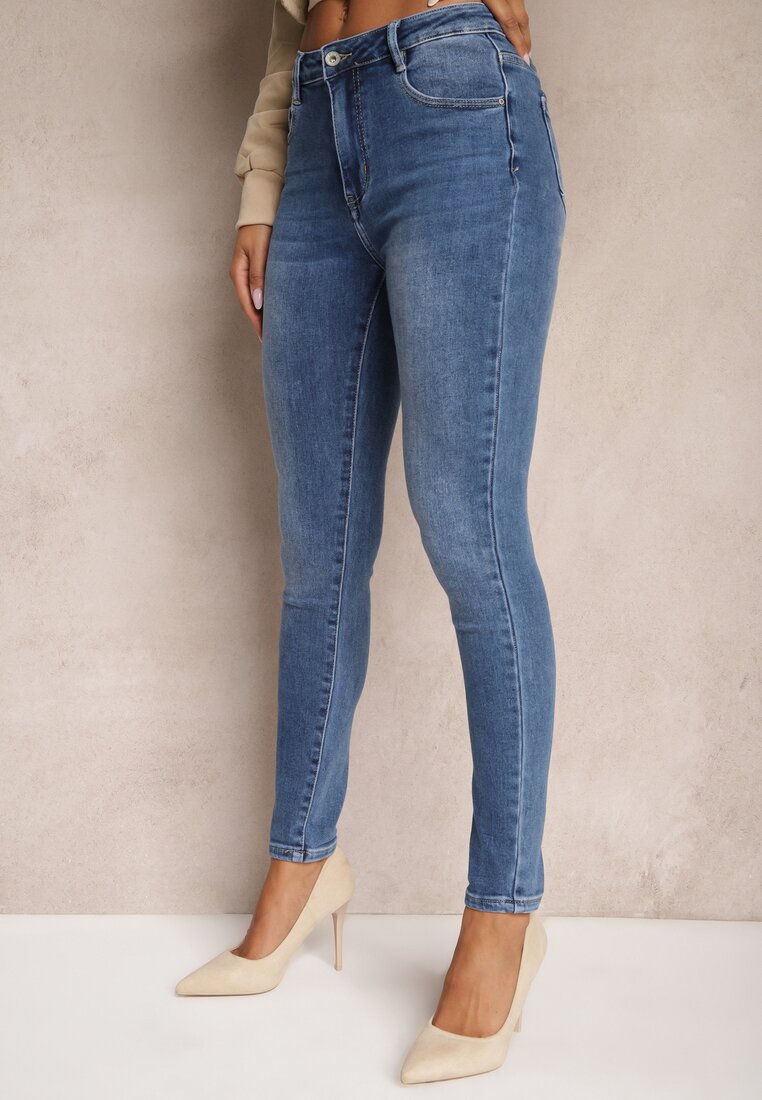 Niebieskie Jeansy Skinny High Waist z Bawełny Ozdobione Podwiniętymi Nogawkami Naviseni