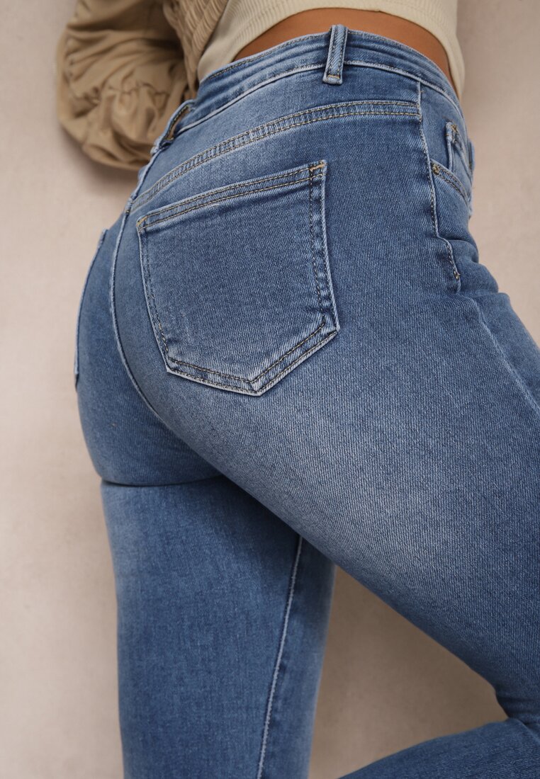 Niebieskie Jeansy Skinny High Waist z Bawełny Ozdobione Podwiniętymi Nogawkami Naviseni