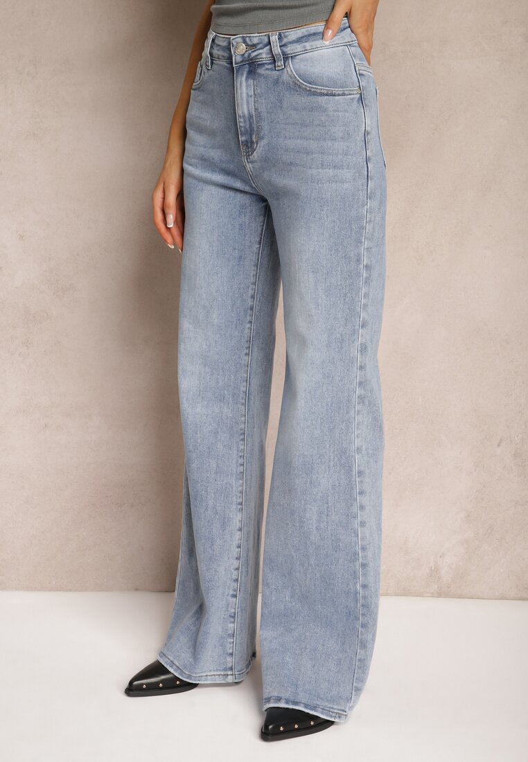 Jasnoniebieskie Jeansy z Bawełny High Waist o Szerokich Nogawkach Naviseas
