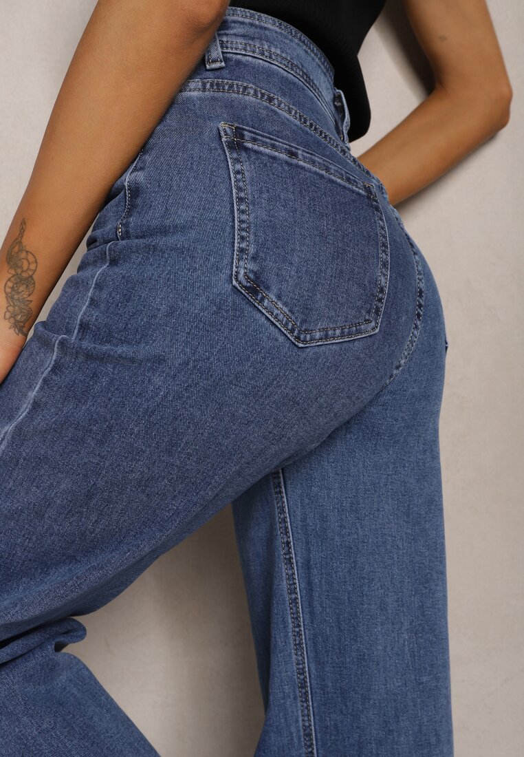 Niebieskie Bawełniane Jeansy o Kroju Dzwonów High Waist Evisari