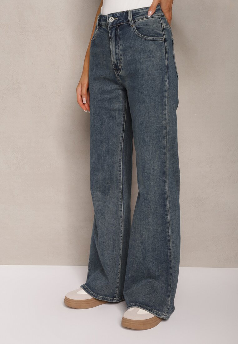 Granatowe Bawełniane Jeansowe Spodnie o Kroju Dzwonów High Waist Evirae