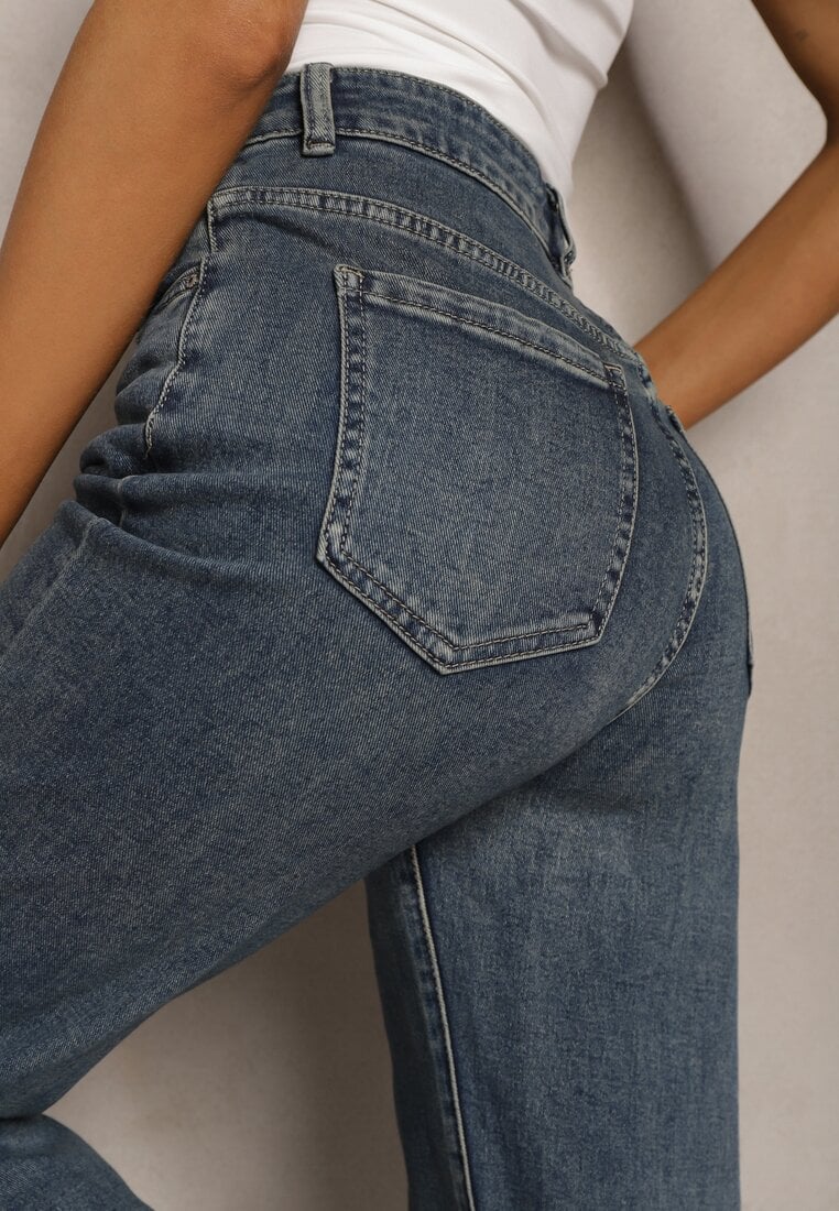 Granatowe Bawełniane Jeansowe Spodnie o Kroju Dzwonów High Waist Evirae