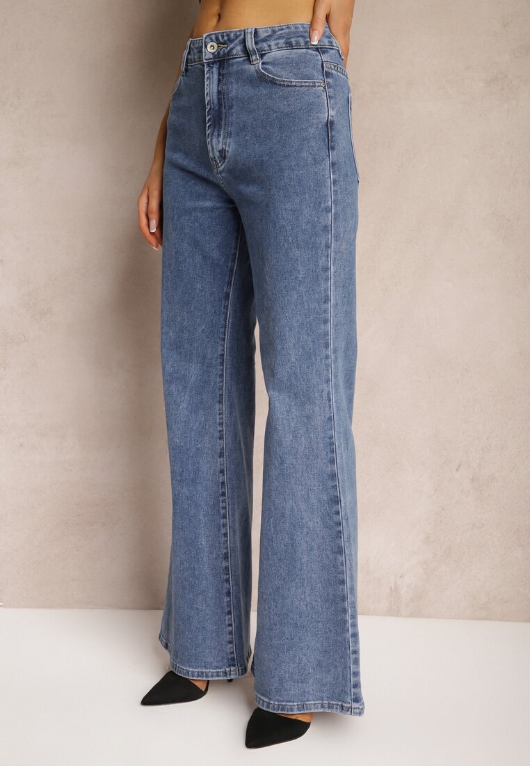 Granatowe Jeansy z Bawełny o Kroju Dzwonów High Waist Navilis