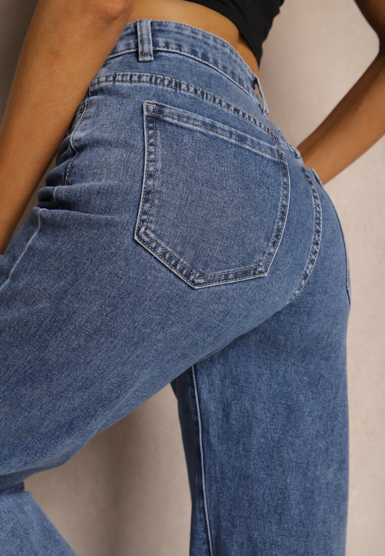 Granatowe Jeansy z Bawełny o Kroju Dzwonów High Waist Navilis