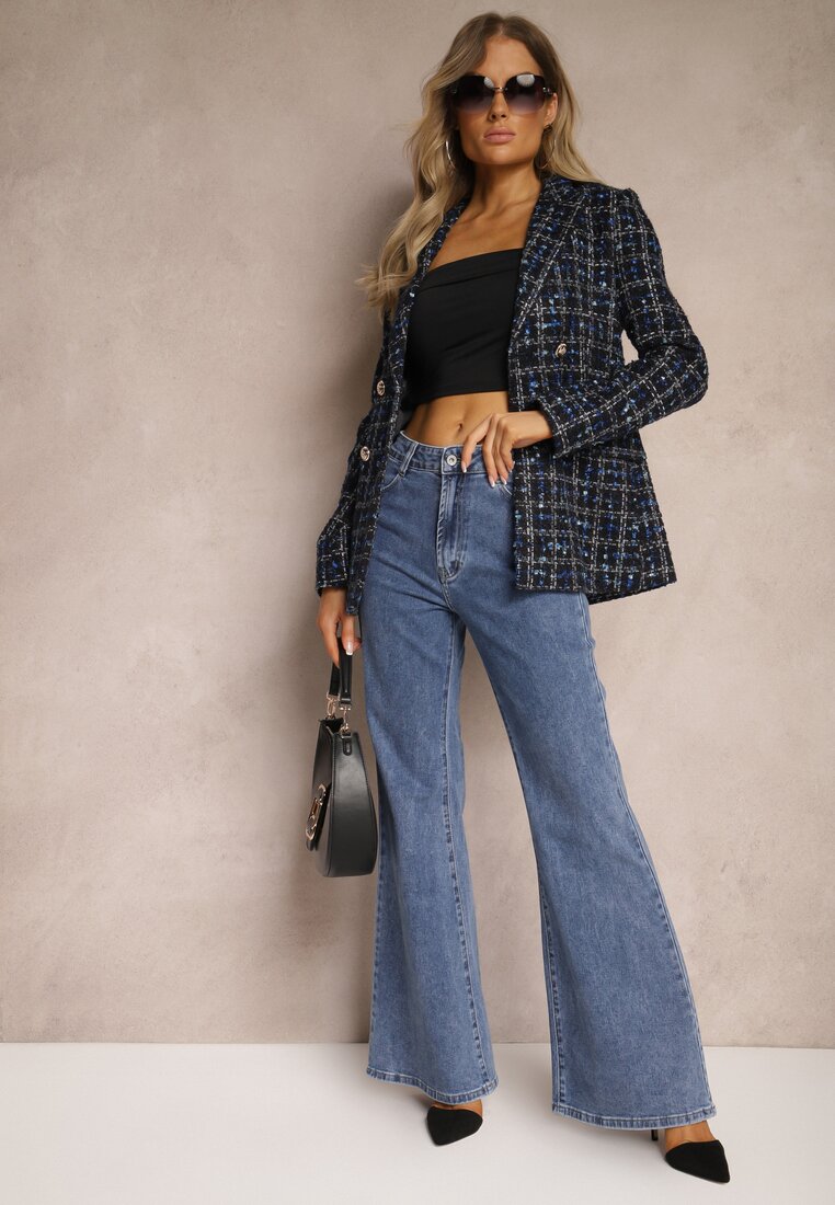 Granatowe Jeansy z Bawełny o Kroju Dzwonów High Waist Navilis