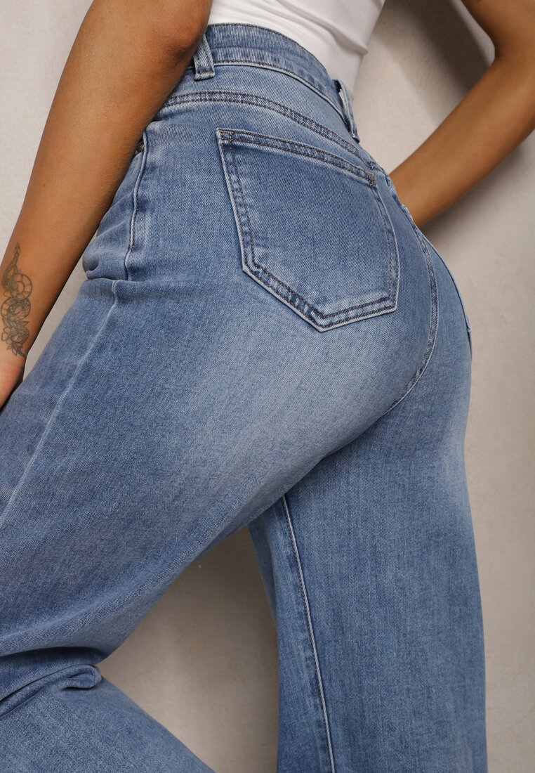 Niebieskie Jeansy z Dodatkiem Bawełny High Waist o Szerokim Kroju Navalo