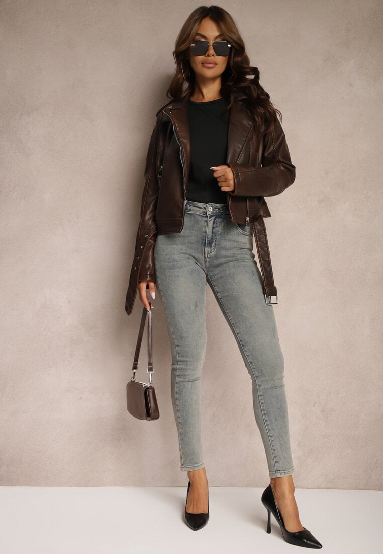 Ciemnoszare Skinny Jeansy z Bawełny High Waist Navilare