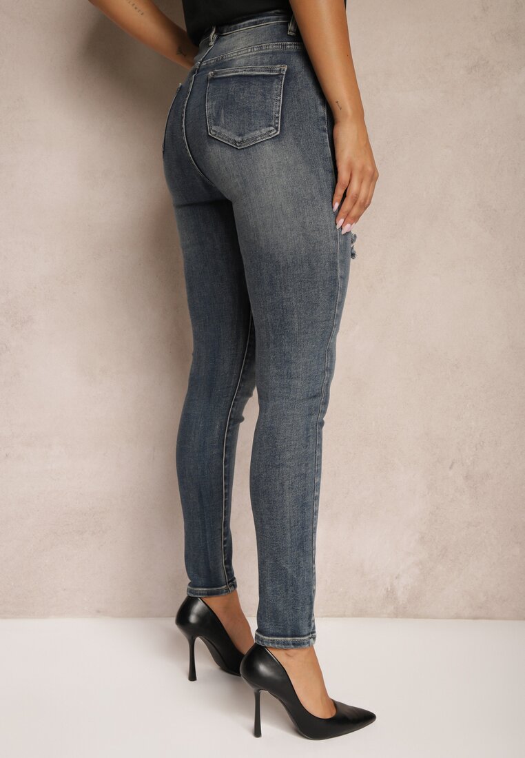 Granatowe Bawełniane Skinny Jeansy Ozdobione Przetarciami Evialyn