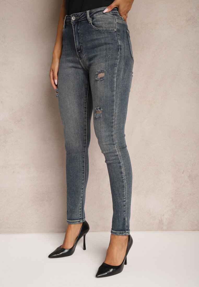 Granatowe Bawełniane Skinny Jeansy Ozdobione Przetarciami Evialyn
