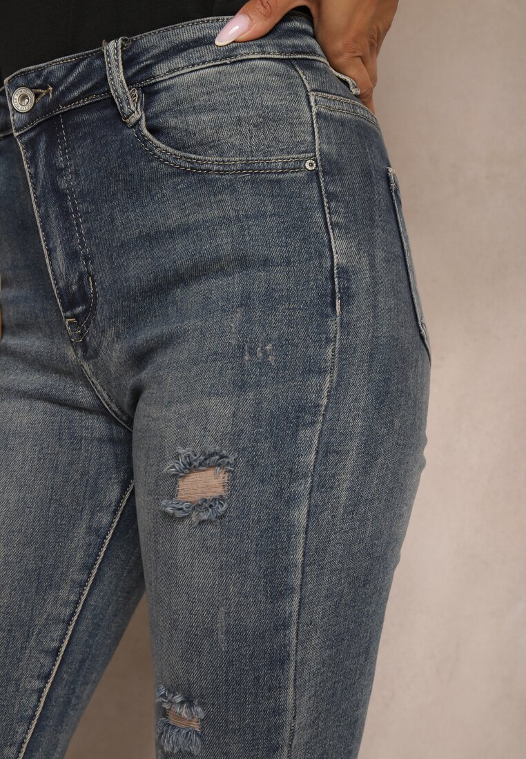 Granatowe Bawełniane Skinny Jeansy Ozdobione Przetarciami Evialyn