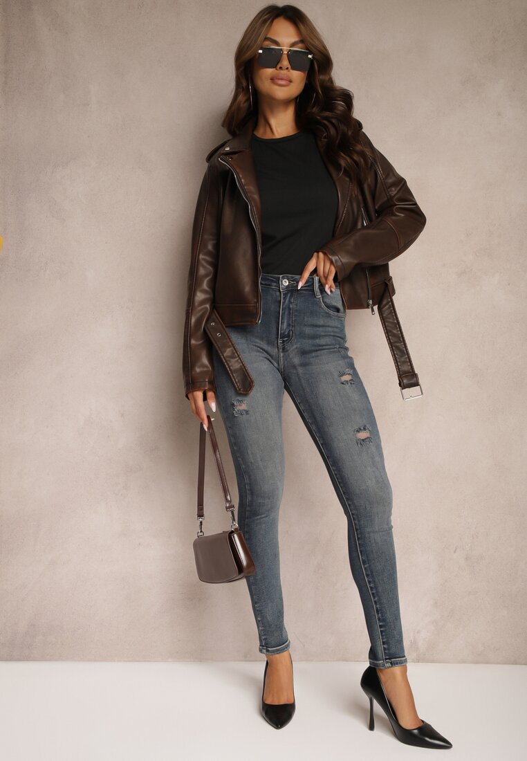 Granatowe Bawełniane Skinny Jeansy Ozdobione Przetarciami Evialyn