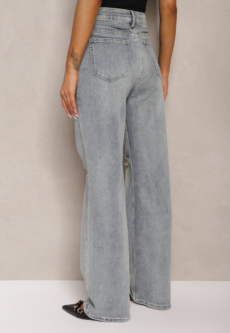 Jasnoniebieskie Jeansy z Bawełny High Waist o Szerokim Kroju Wykończone Dziurami Xeraria