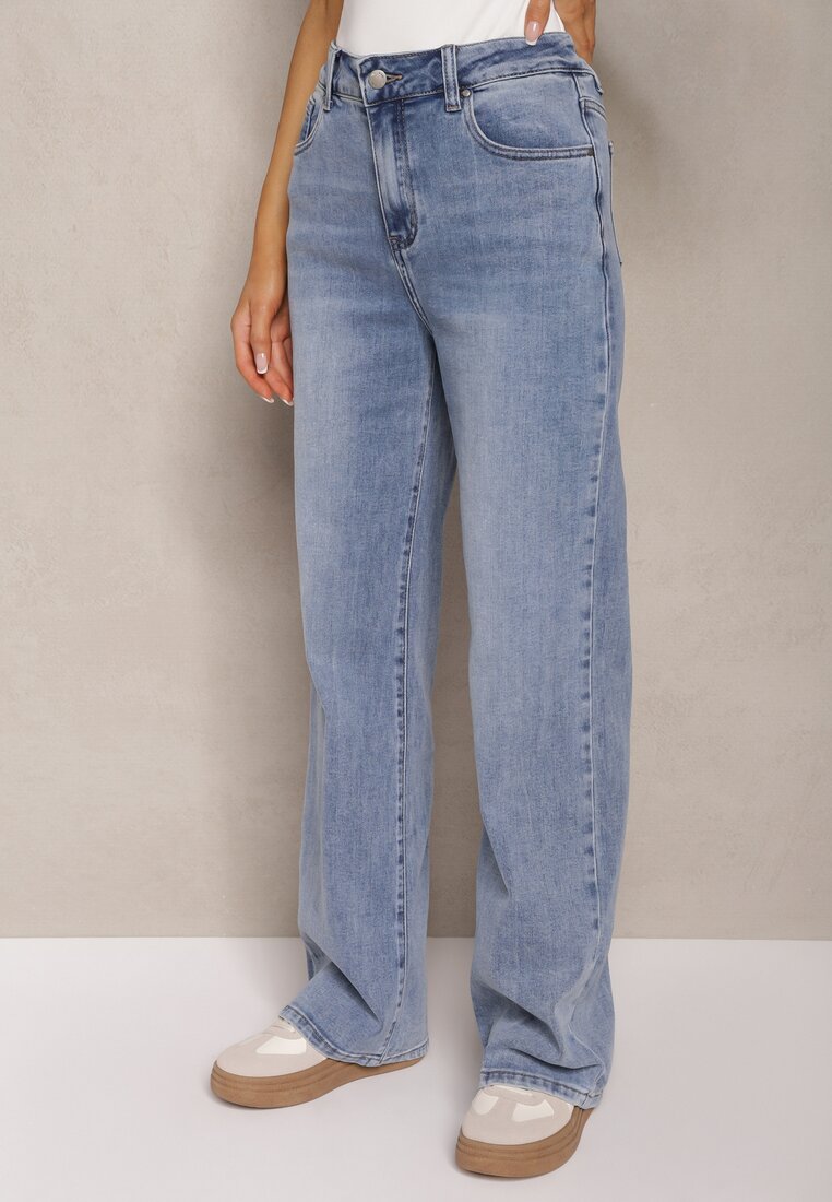 Jasnoniebieskie Szerokie Jeansy z Dodatkiem Bawełny High Waist Otharia