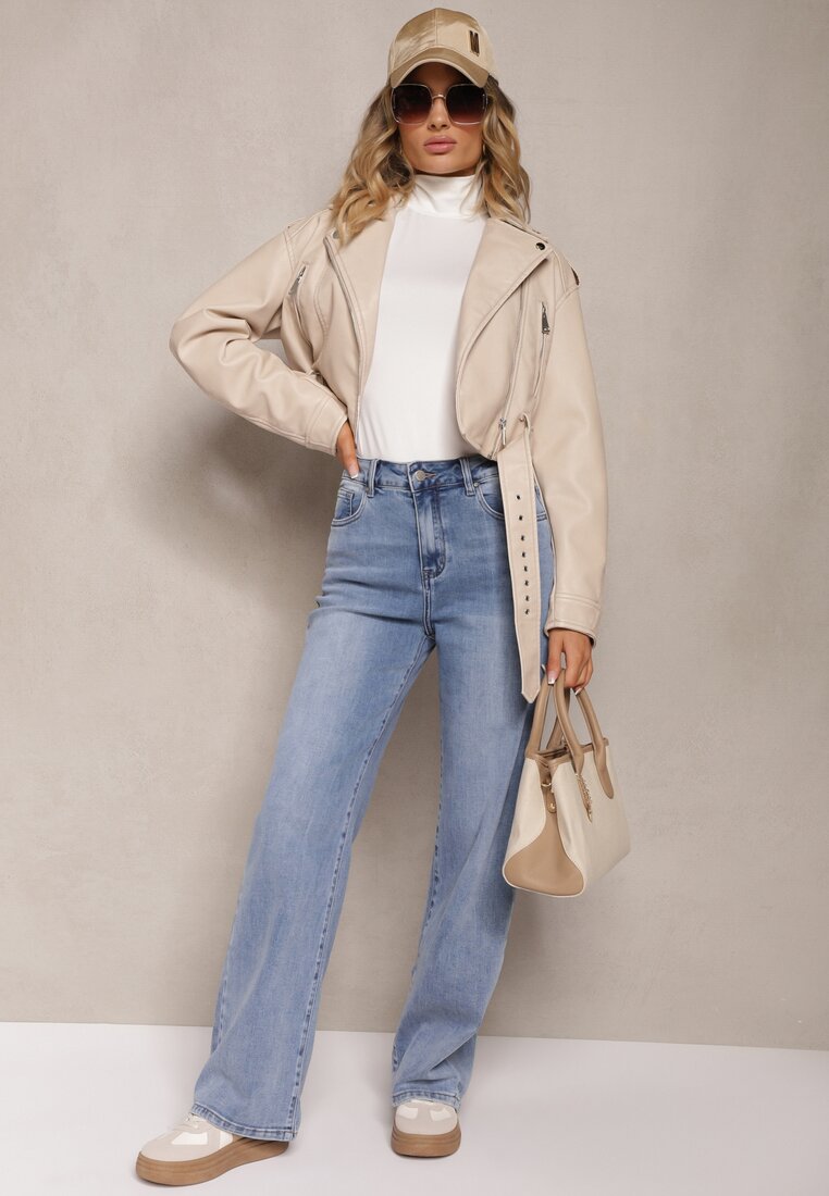 Jasnoniebieskie Szerokie Jeansy z Dodatkiem Bawełny High Waist Otharia