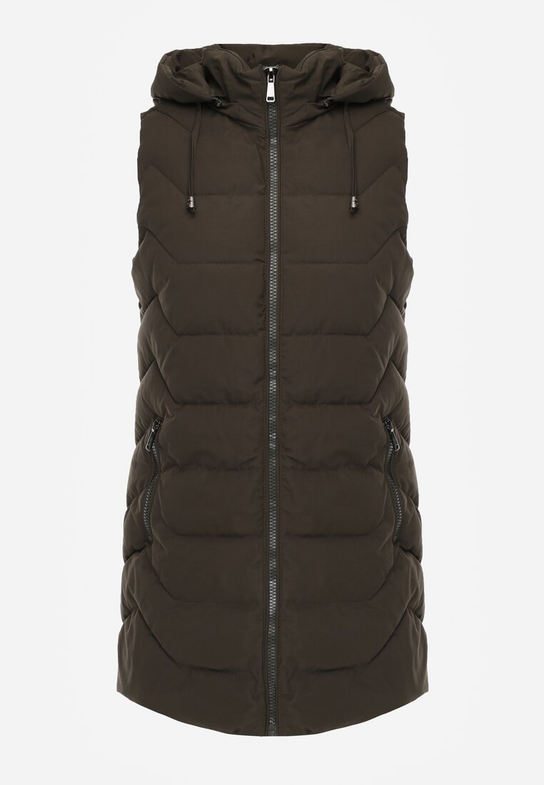 Ciemnozielona Kamizelka Pikowana Zapinana na Suwak Ozdobiona Kapturem i Sznurkami Finaria