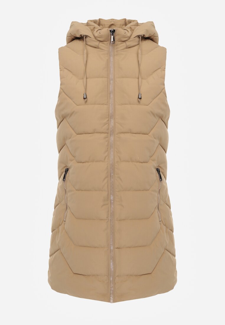 Jasnobeżowa Kamizelka Pikowana Zapinana na Suwak Ozdobiona Kapturem i Sznurkami Finaria