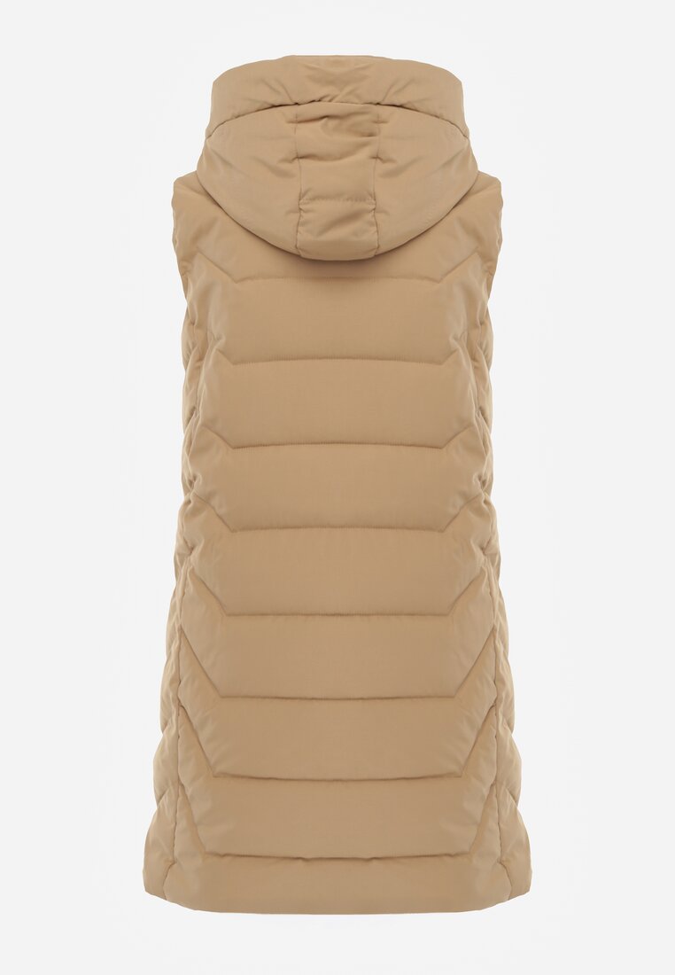 Jasnobeżowa Kamizelka Pikowana Zapinana na Suwak Ozdobiona Kapturem i Sznurkami Finaria