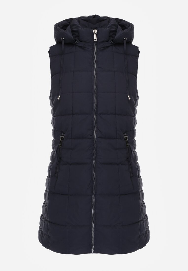 Granatowa Kamizelka Ozdobiona Pikowaniem i Odpinanym Kapturem Atoria