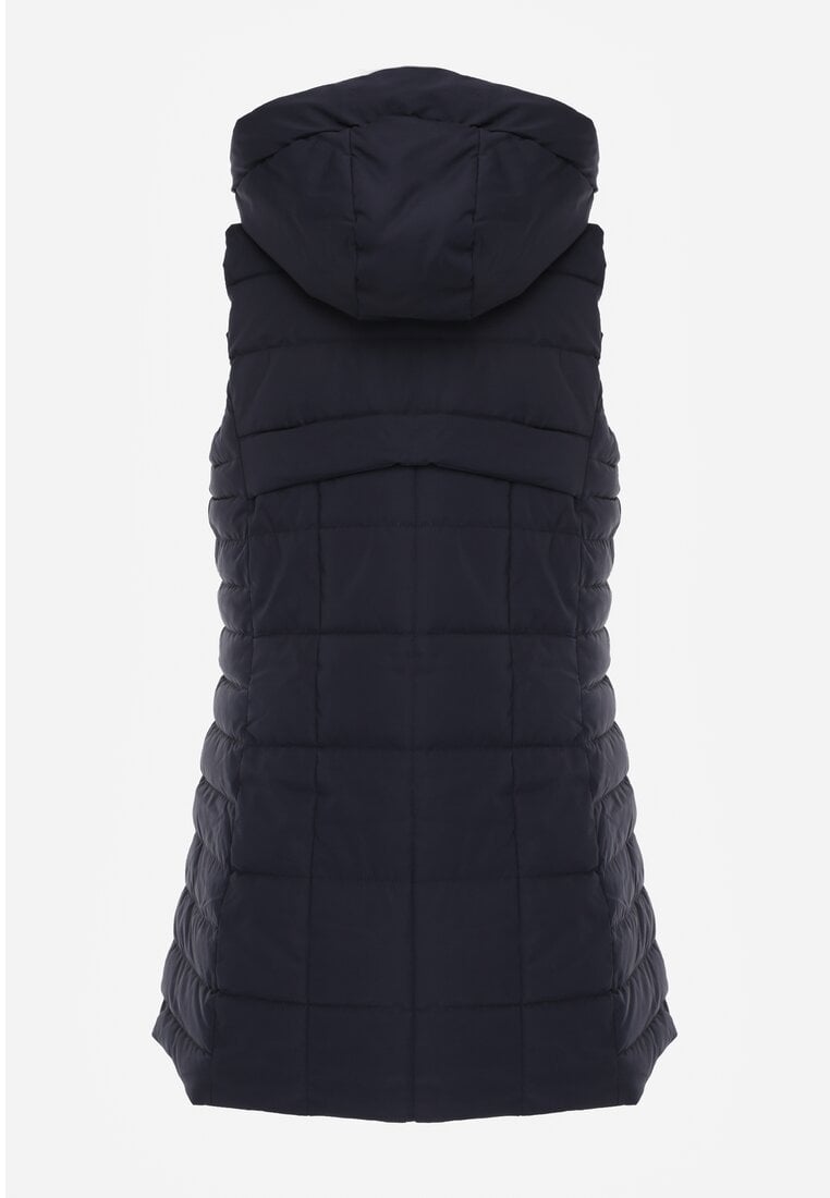 Granatowa Kamizelka Ozdobiona Pikowaniem i Odpinanym Kapturem Atoria