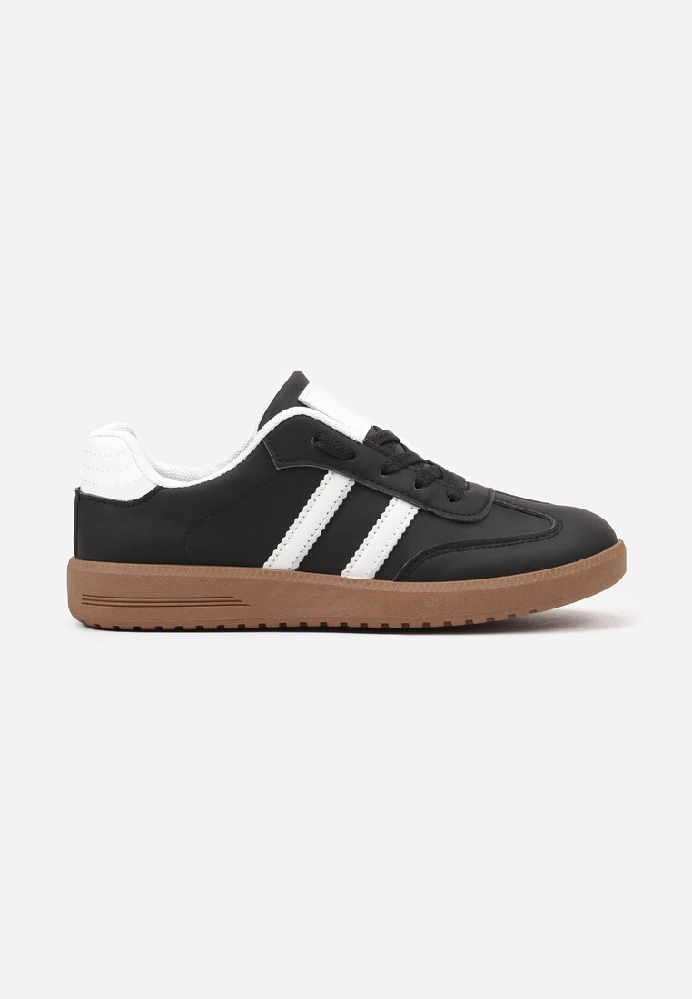 Czarne Casualowe Sneakersy na Płaskiej Podeszwie ze Sznurowaniem Ozdobione Paskami Evilene