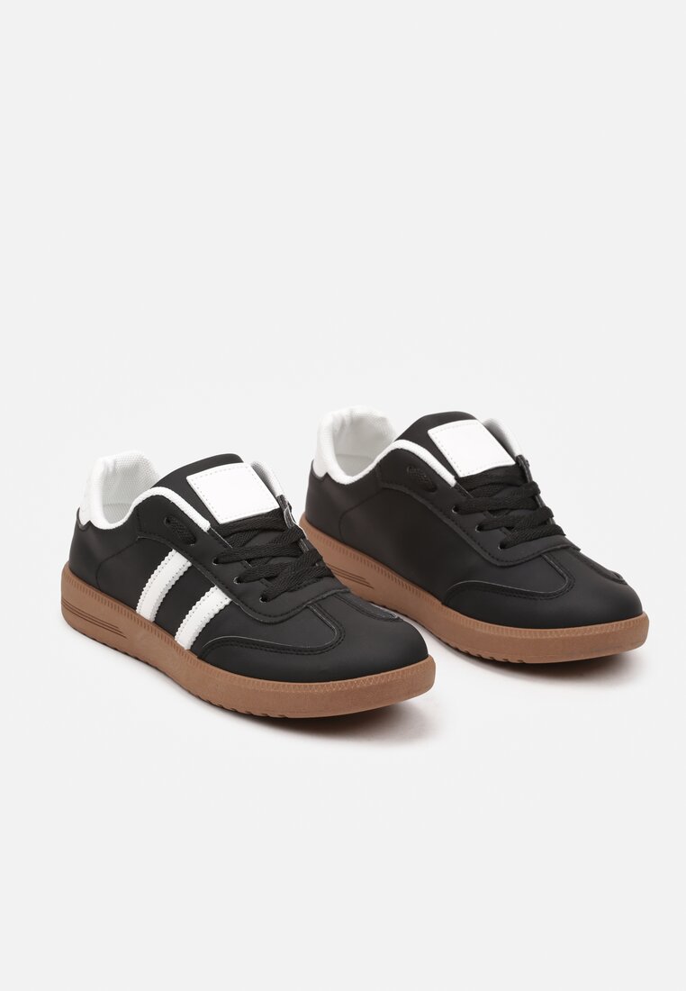 Czarne Casualowe Sneakersy na Płaskiej Podeszwie ze Sznurowaniem Ozdobione Paskami Evilene