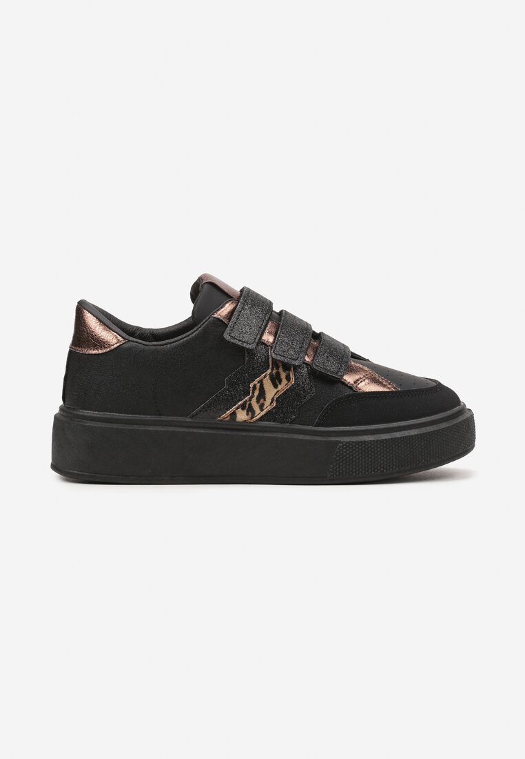 Czarne Sneakersy na Platformie na Rzep Ozdobione Brokatem Navidemi