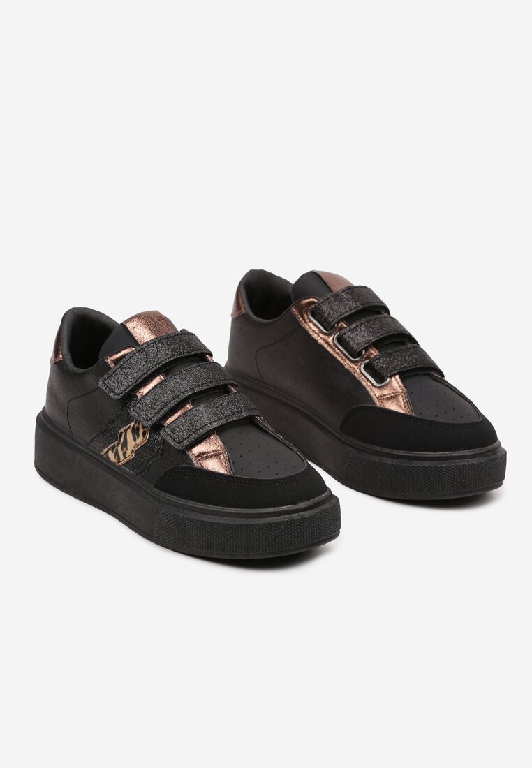 Czarne Sneakersy na Platformie na Rzep Ozdobione Brokatem Navidemi
