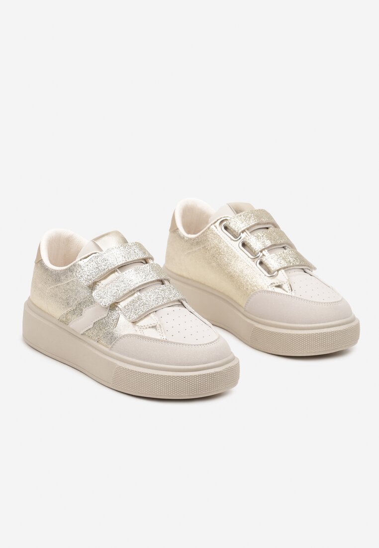 Złote Sneakersy na Platformie na Rzep Ozdobione Brokatem Navidemi