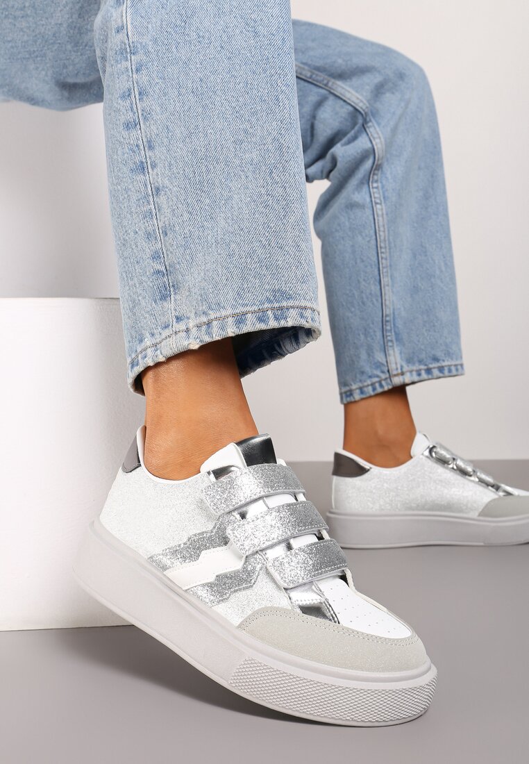 Srebrne Sneakersy na Platformie na Rzep Ozdobione Brokatem Navidemi