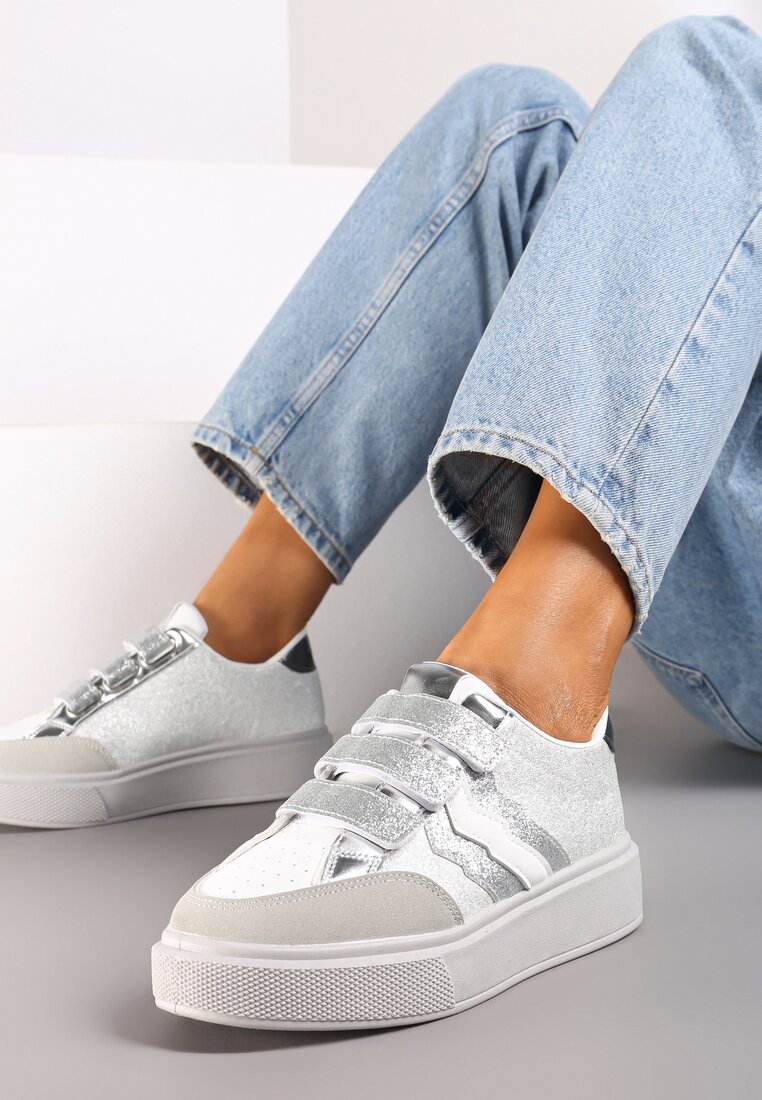 Srebrne Sneakersy na Platformie na Rzep Ozdobione Brokatem Navidemi