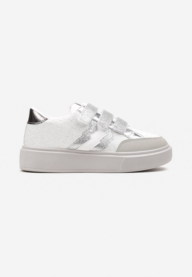 Srebrne Sneakersy na Platformie na Rzep Ozdobione Brokatem Navidemi