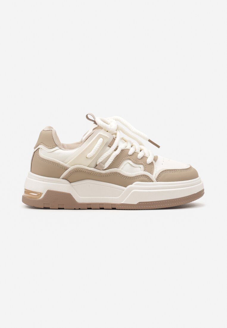 Ciemnobeżowe Sznurowane Sneakersy na Płaskiej Podeszwie Eviline