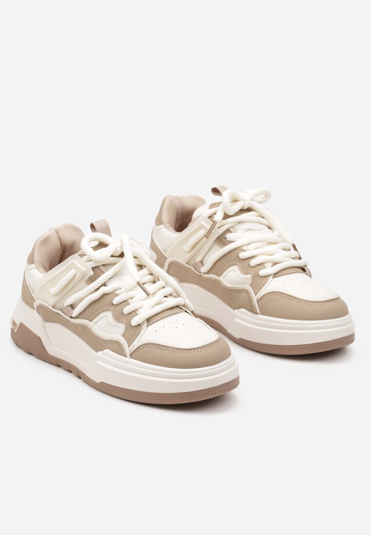 Ciemnobeżowe Sznurowane Sneakersy na Płaskiej Podeszwie Eviline