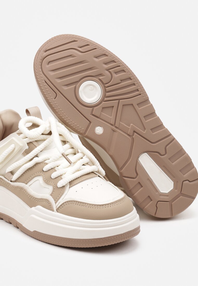 Ciemnobeżowe Sznurowane Sneakersy na Płaskiej Podeszwie Eviline
