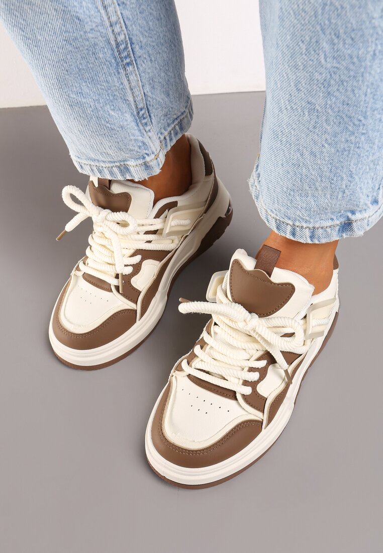 Brązowo-Beżowe Sznurowane Sneakersy na Płaskiej Podeszwie Eviline