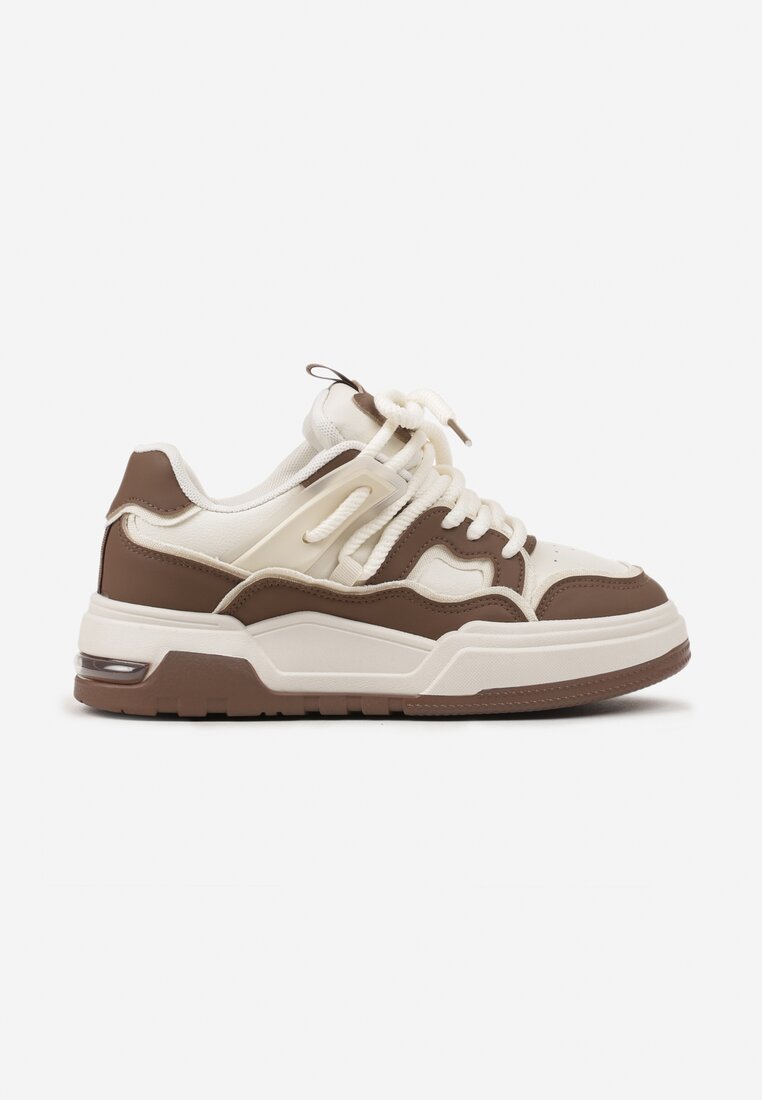 Brązowo-Beżowe Sznurowane Sneakersy na Płaskiej Podeszwie Eviline
