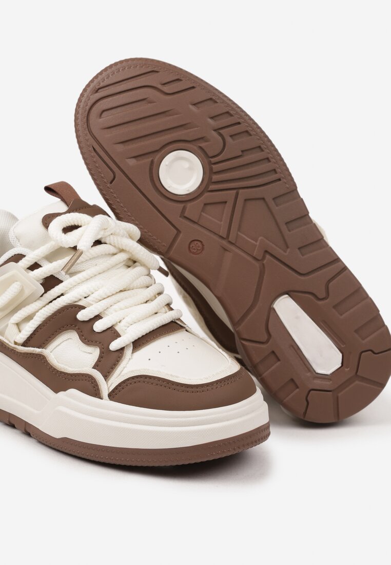 Brązowo-Beżowe Sznurowane Sneakersy na Płaskiej Podeszwie Eviline