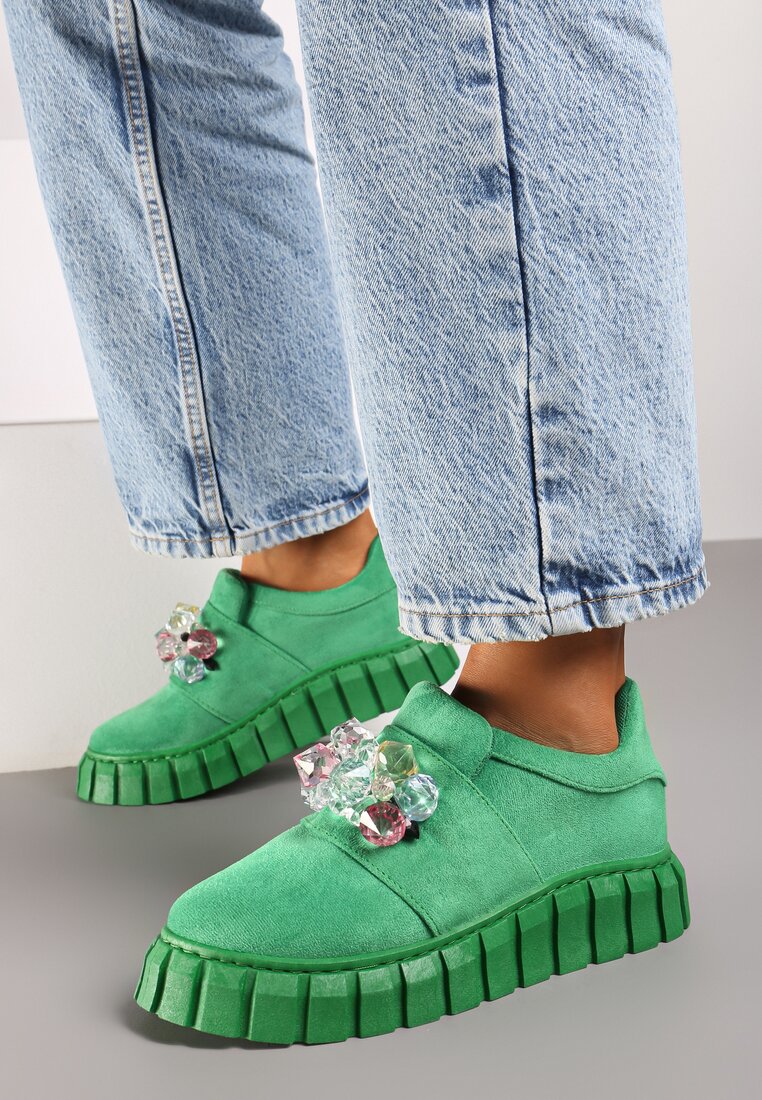 Zielone Wsuwane Sneakersy na Platformie z Kryształkami Alexelina