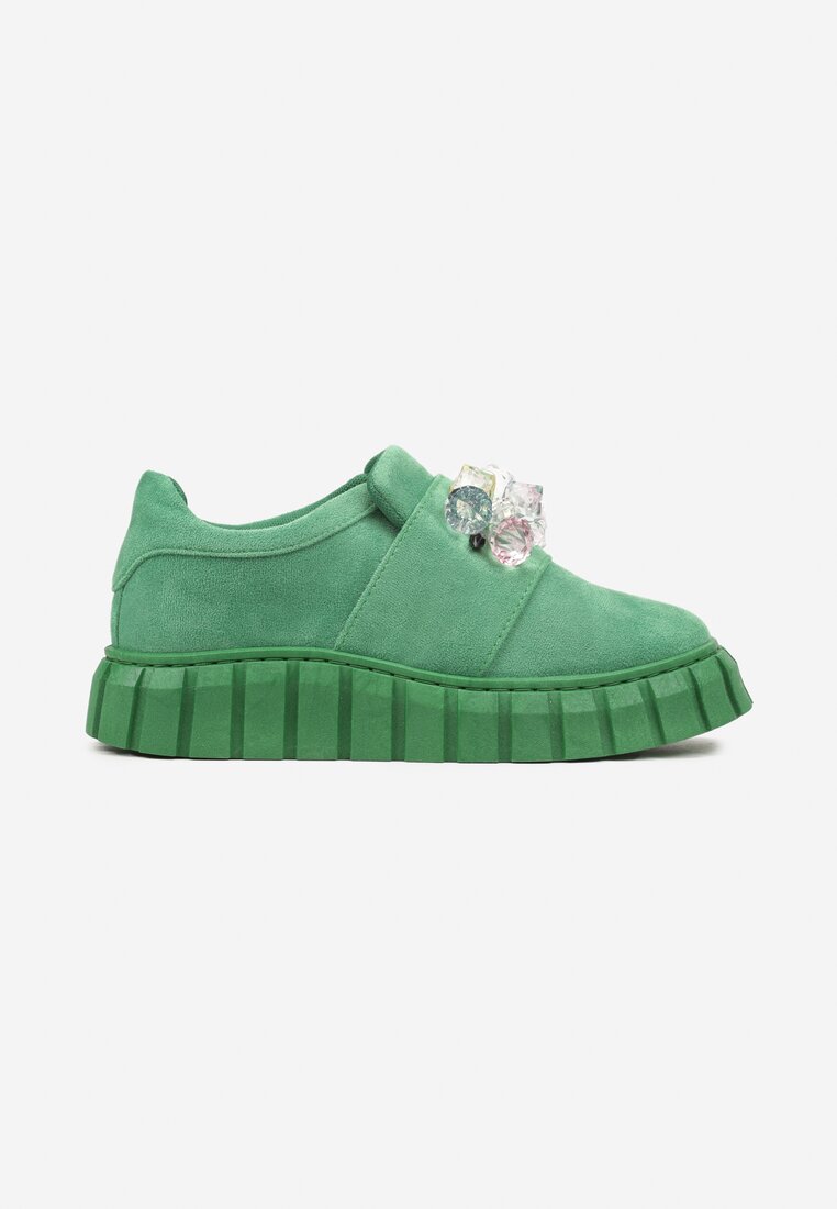 Zielone Wsuwane Sneakersy na Platformie z Kryształkami Alexelina