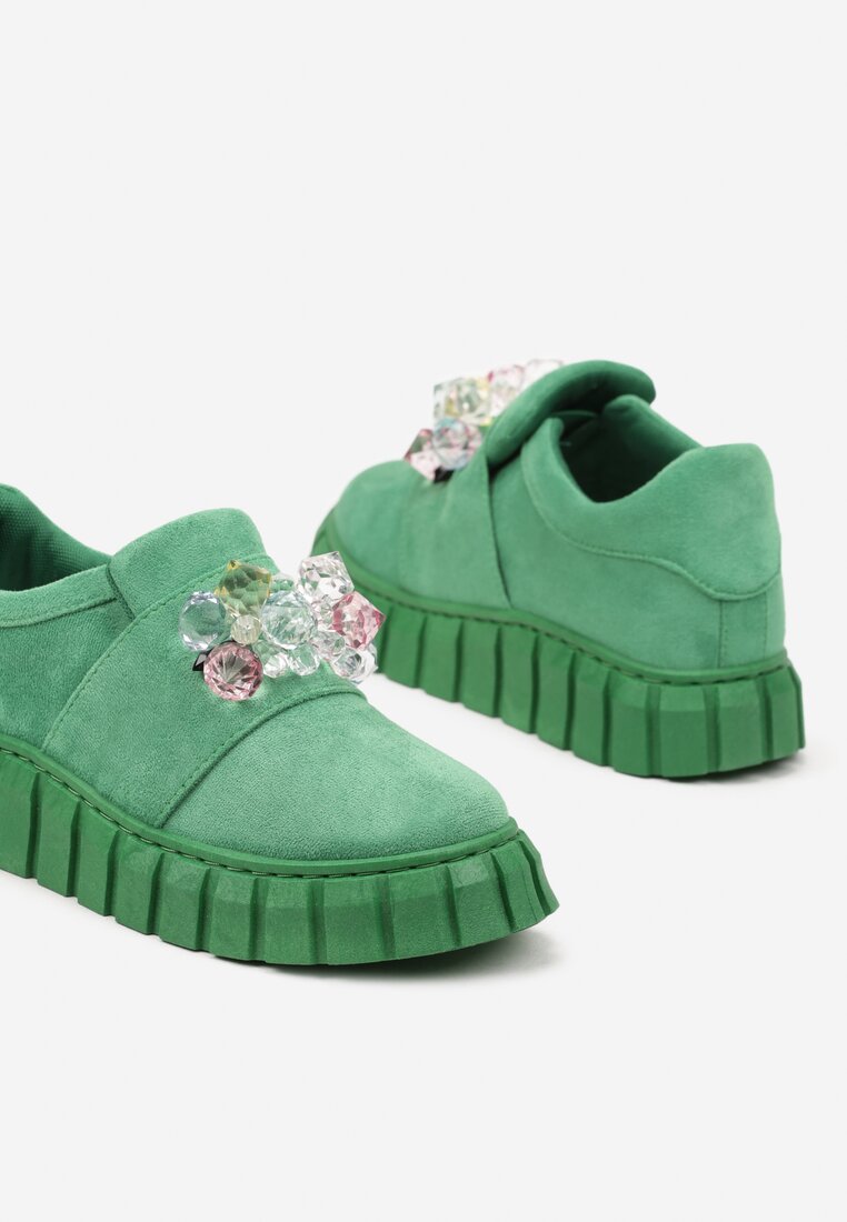 Zielone Wsuwane Sneakersy na Platformie z Kryształkami Alexelina