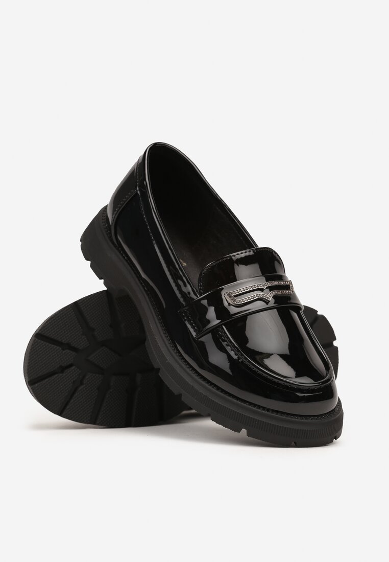 Czarne Lakierowane Półbuty w Stylu Loafersów na Platformie z Cyrkoniami Anosara