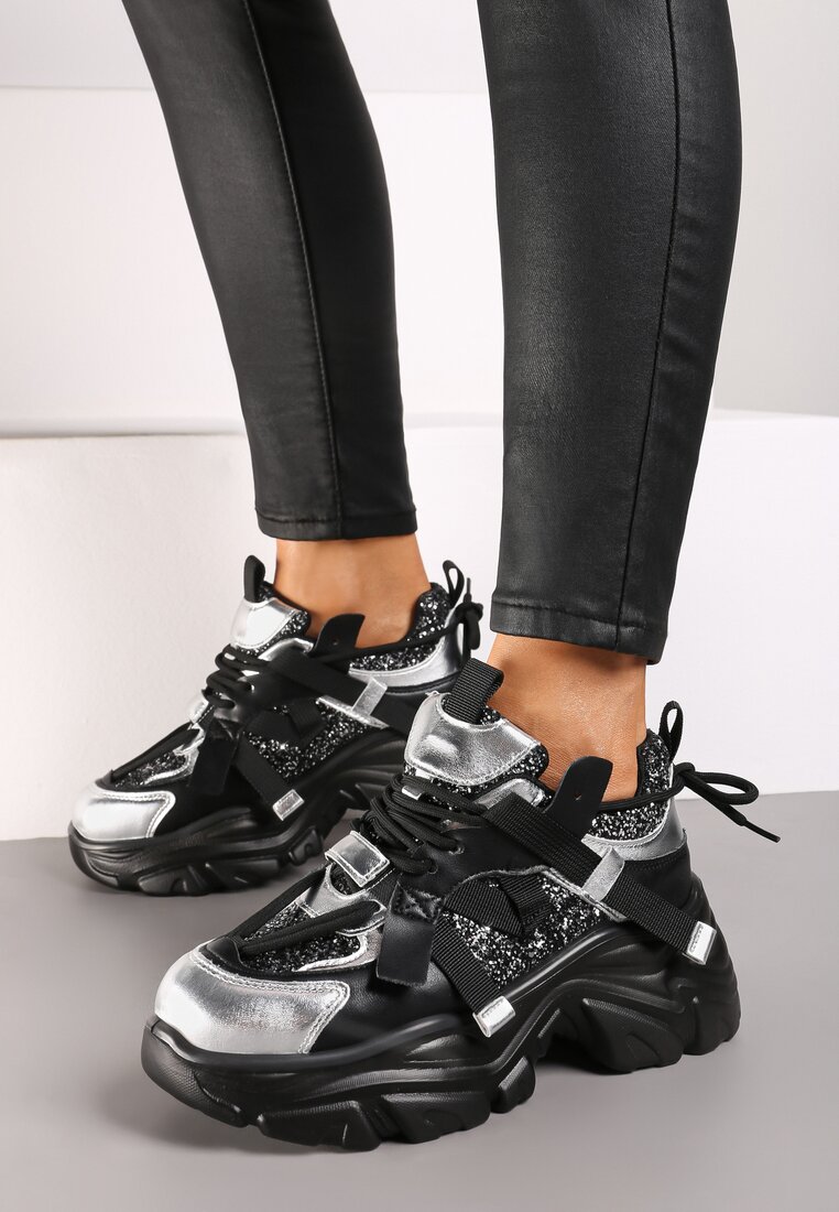 Czarno-Srebrne Sneakersy na Platformie Ozdobione Metalicznymi Wstawkami Paliefra