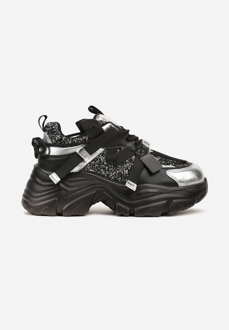 Czarno-Srebrne Sneakersy na Platformie Ozdobione Metalicznymi Wstawkami Paliefra