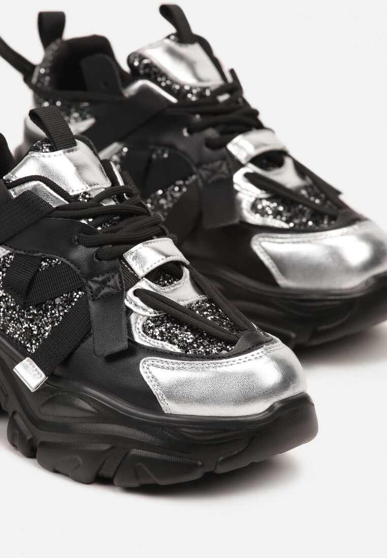Czarno-Srebrne Sneakersy na Platformie Ozdobione Metalicznymi Wstawkami Paliefra