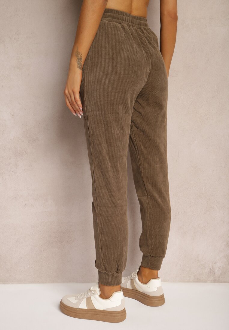 Brązowe Dresowe Spodnie z Dodatkiem Bawełny High Waist z Gumką w Pasie Pesaria