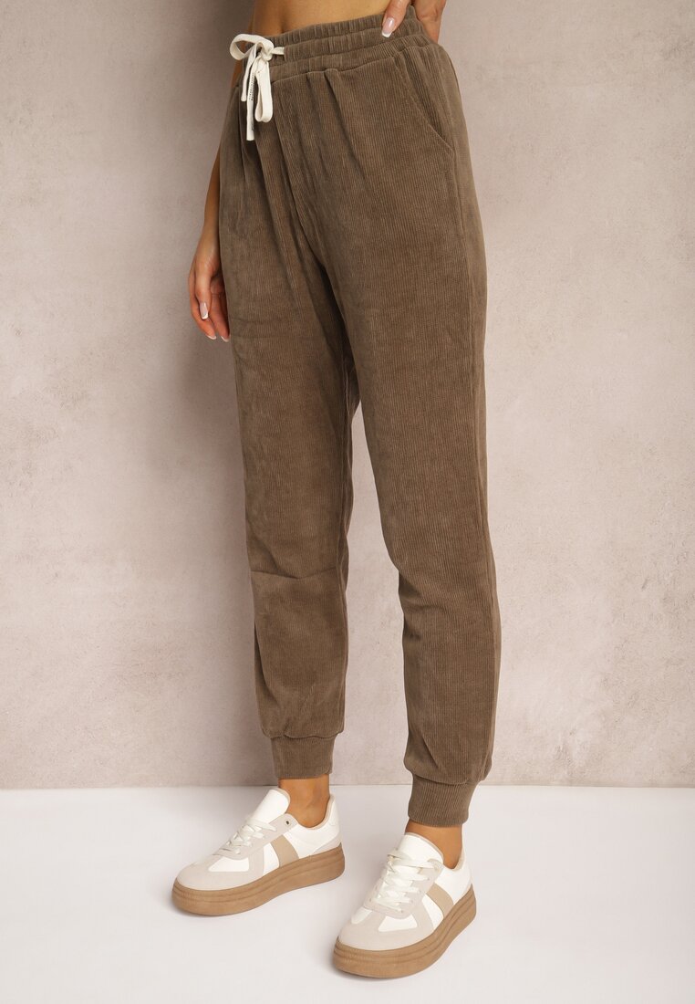 Brązowe Dresowe Spodnie z Dodatkiem Bawełny High Waist z Gumką w Pasie Pesaria
