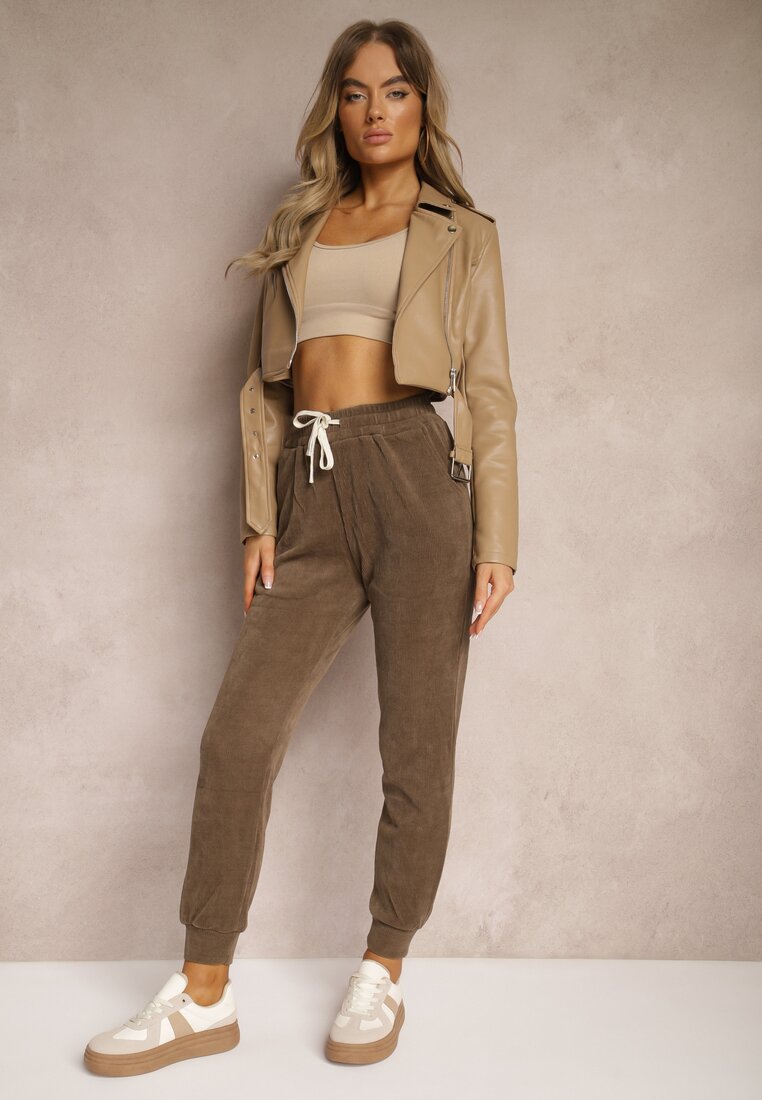 Brązowe Dresowe Spodnie z Dodatkiem Bawełny High Waist z Gumką w Pasie Pesaria
