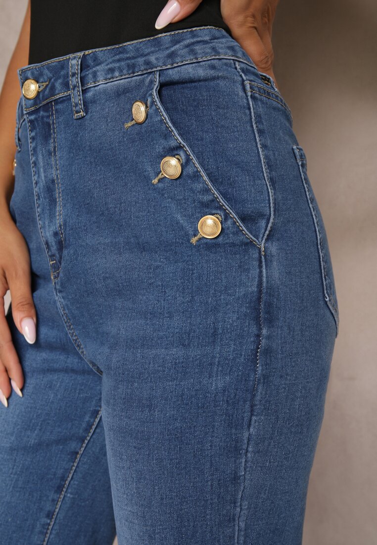 Niebieskie Jeansy z Dodatkiem Bawełny o Szerokim Kroju High Waist Wykończone Guzikami Nevrina
