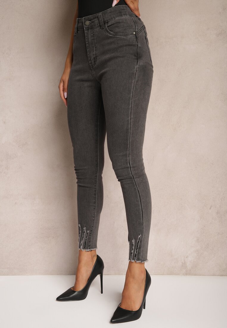 Szare Jeansy o Fasonie Skinny z Brokatem i Przetarciami Nevelica