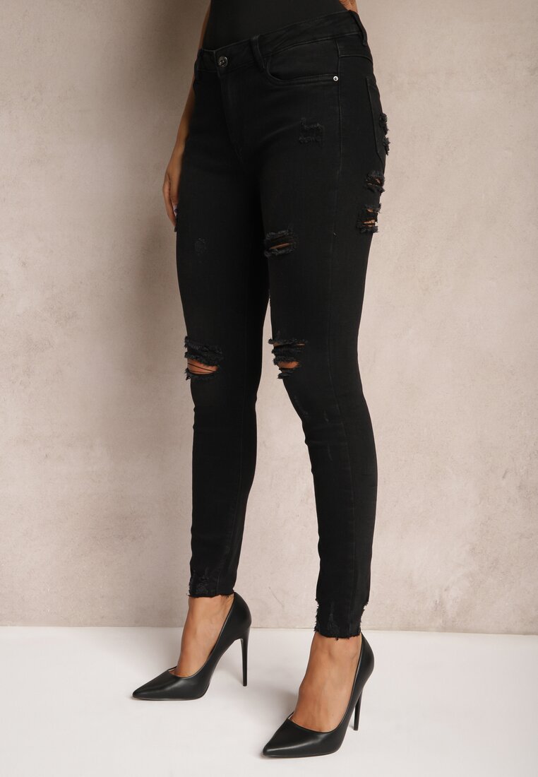 Czarne Skinny Jeansy z Dodatkiem Bawełny Ozdobione Dziurami i Przetarciami Evisi